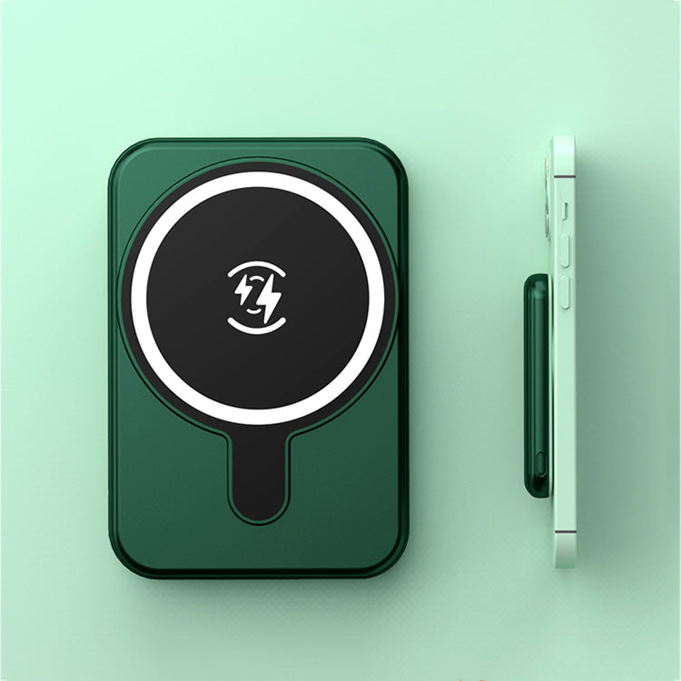 Green wireless charging pad with a logo on a light green background