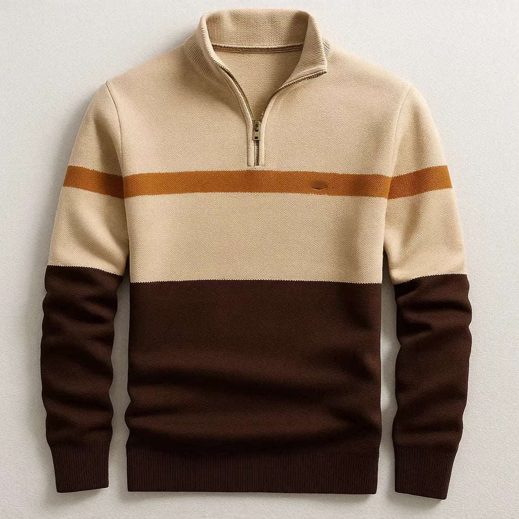 Business Stand-collar Knitwear Half-zip Long-sleeve T-shirt Color-block Pullover Sweaterpremium Quality
