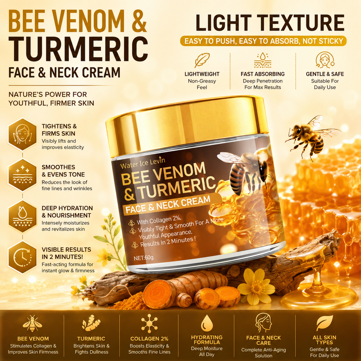 Bee Venom Instant Facial Lifting Cream – Firm, Tighten & Smooth Loose Skin | Hyaluronic Acid Anti-Aging Moisturiser for All Skin Types