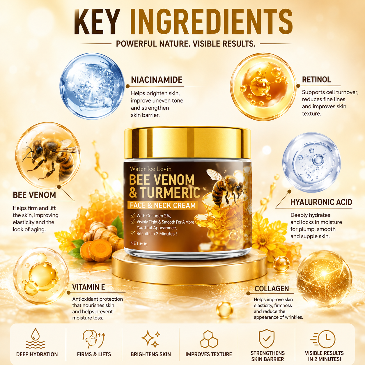 Bee Venom Instant Facial Lifting Cream – Firm, Tighten & Smooth Loose Skin | Hyaluronic Acid Anti-Aging Moisturiser for All Skin Types