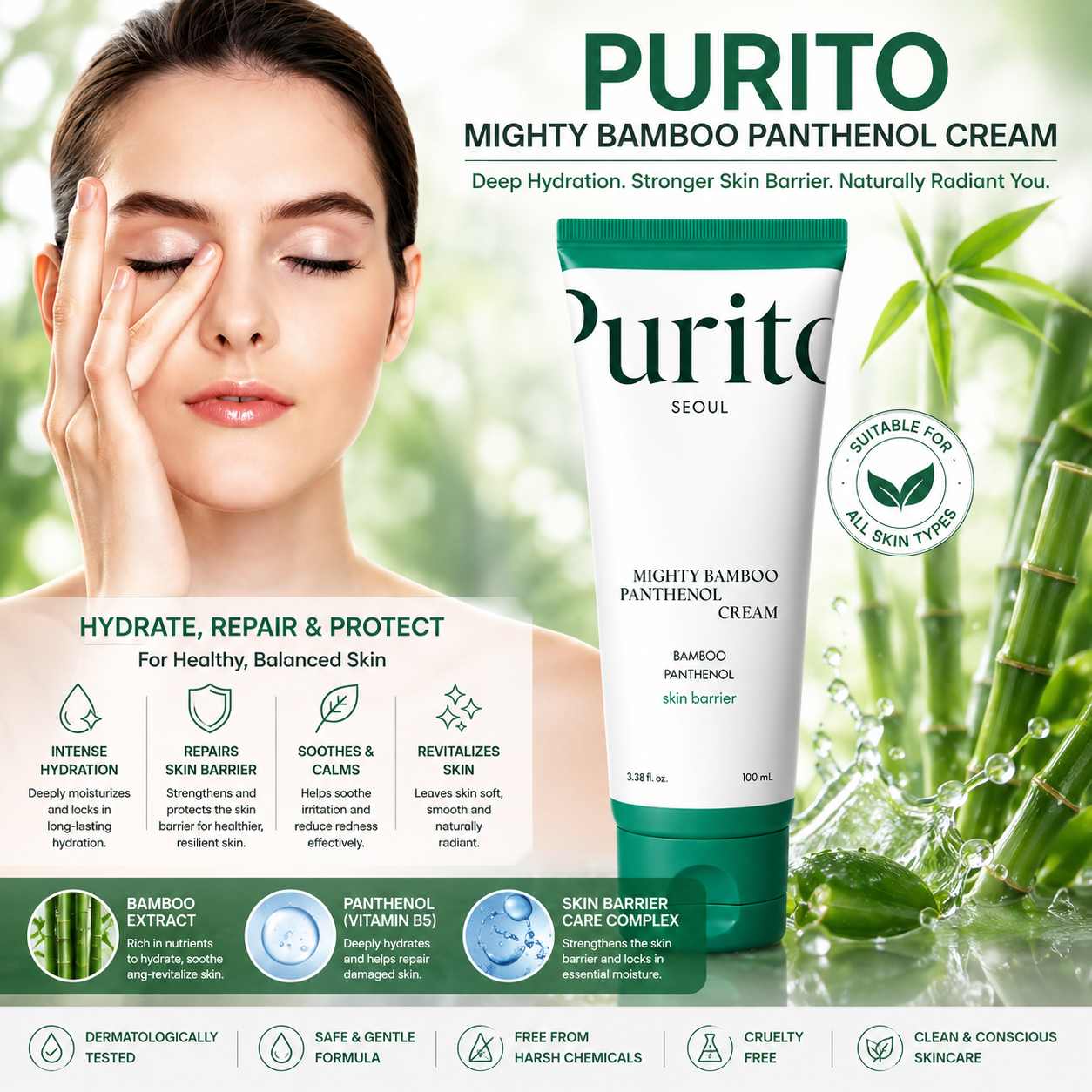 Purito Bamboo Panthenol Repair Cream – Intensive Moisturizing & Soothing Face Cream for All Skin Types