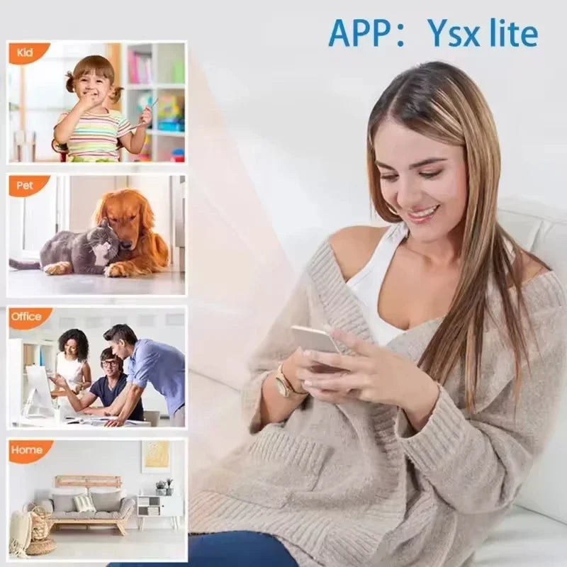 Woman using a smartphone with app icons on a white background