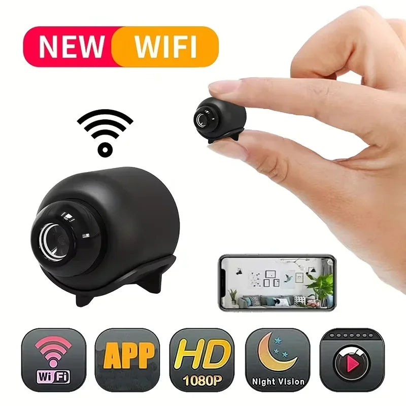 Small black camera with hand holding it, labeled 'NEW WIFI', surrounded by icons indicating features like Wi-Fi, app, HD 1080P, night vision, and recording.