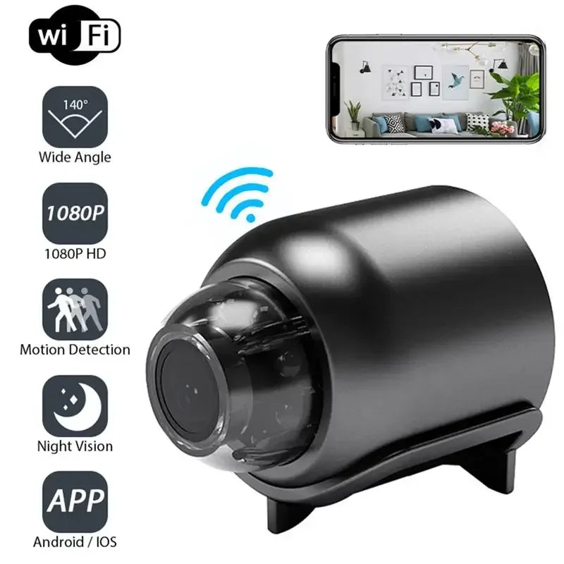 Smart camera with features like Wi-Fi, wide angle, 1080P HD, motion detection, night vision, and app compatibility on a white background.