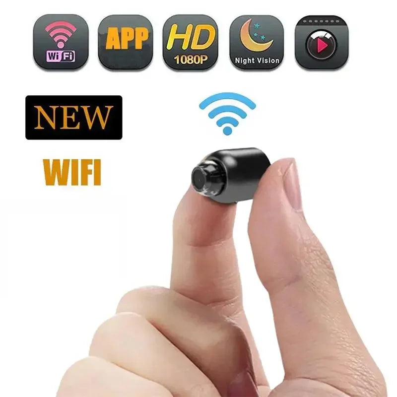 Small black device held between fingers with icons indicating WiFi, app, HD 1080P, night vision, and new features on a white background.