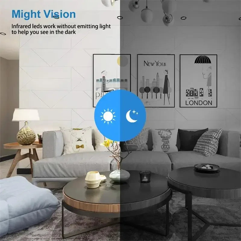 Living room with gray sofa, coffee table, and wall art, featuring 'Might Vision' technology for dark visibility.