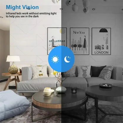 Living room with gray sofa, coffee table, and wall art, featuring 'Might Vision' technology for dark visibility.